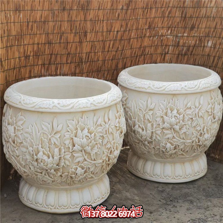 漢白玉浮雕荷花養(yǎng)魚缸，精美庭院裝飾戶外中式花盆