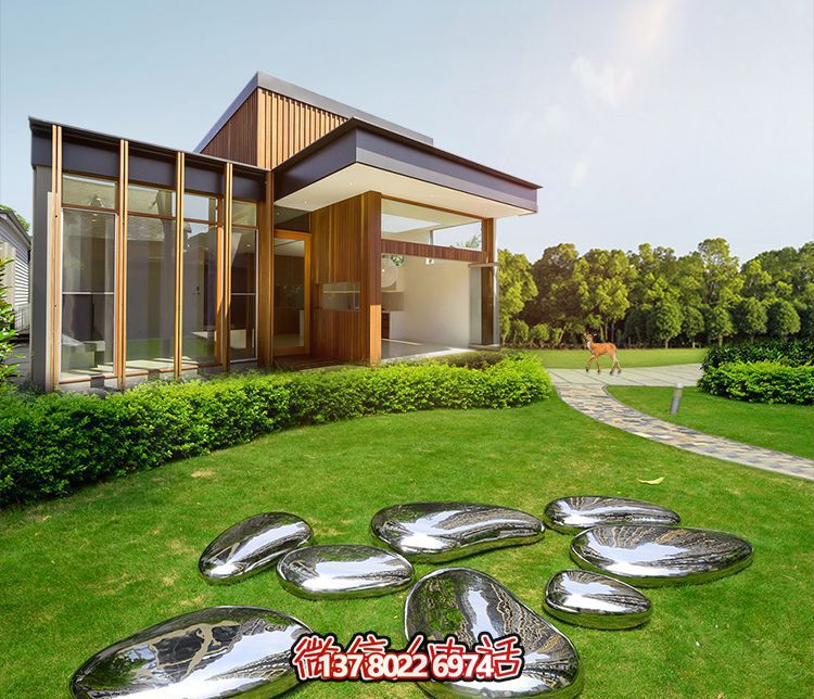 高端室內(nèi)草坪裝飾，不銹鋼雕塑鏡面石頭安放
