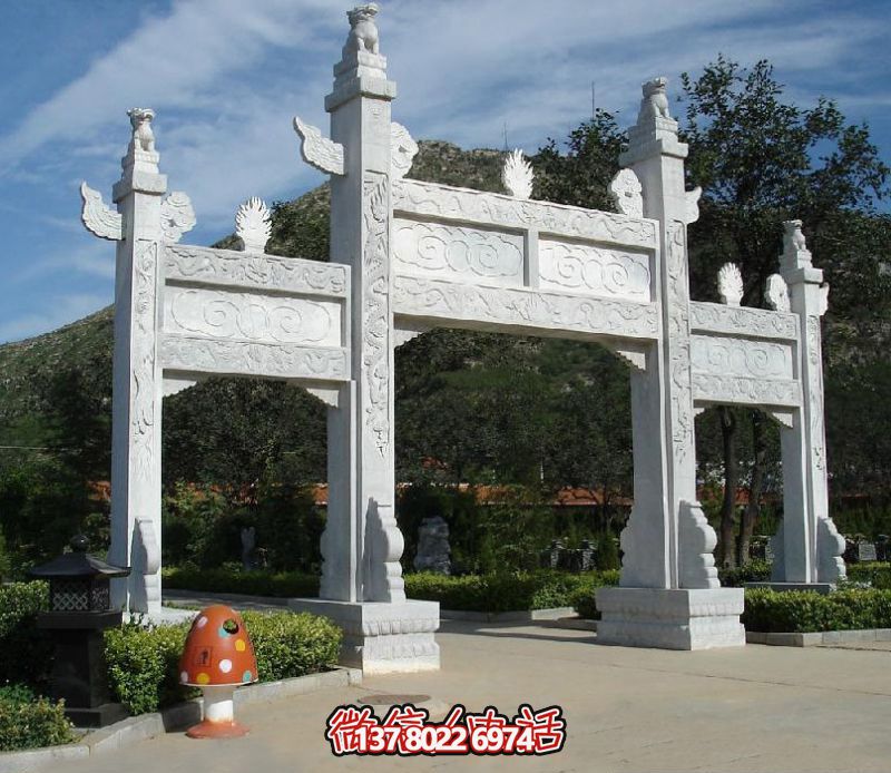 精致園林景觀，漢白玉華表浮雕祥云門樓石牌坊