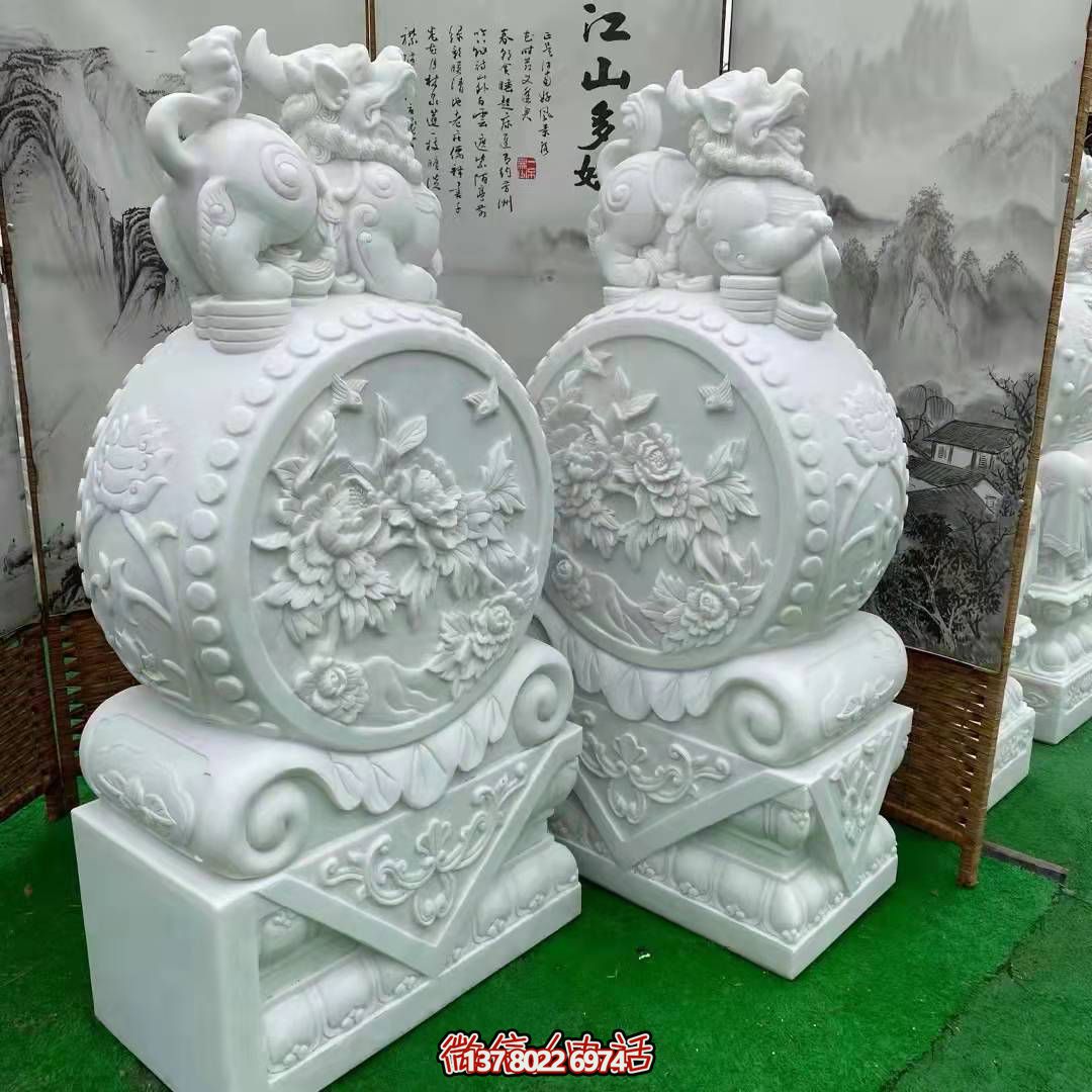 天然優(yōu)質(zhì)漢白玉浮雕麒麟抱鼓石，裝點你的庭院門口