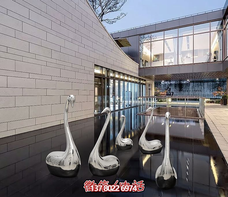 不銹鋼創(chuàng)意天鵝雕塑，鏡面水中裝飾別墅