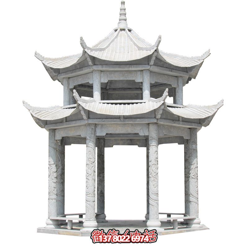 精美大理石雙層柱涼亭，雕塑點綴休息亭