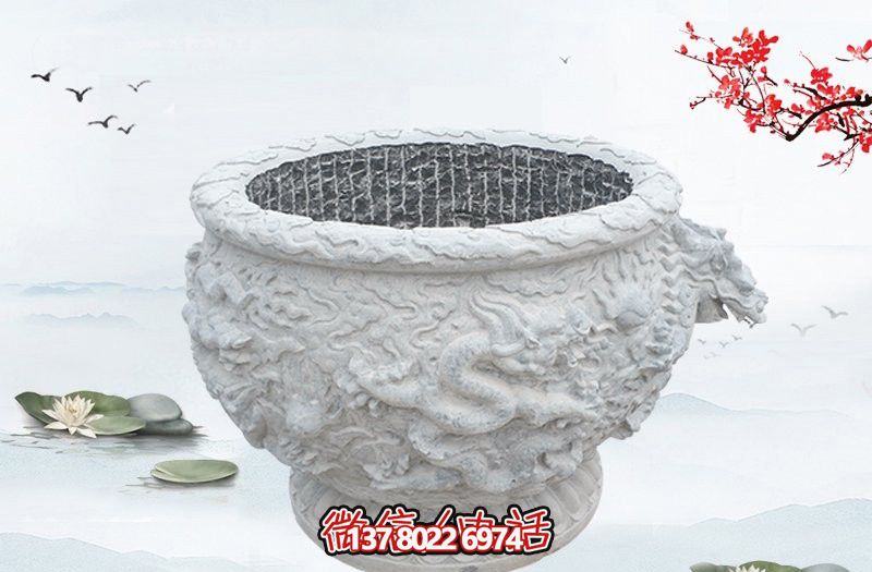 漢白玉石雕龍浮雕水缸雕塑，為庭院增添優(yōu)雅氣息