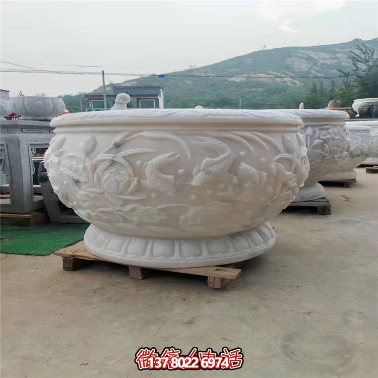 古典經(jīng)典，漢白玉鯉魚雕刻圓形水缸