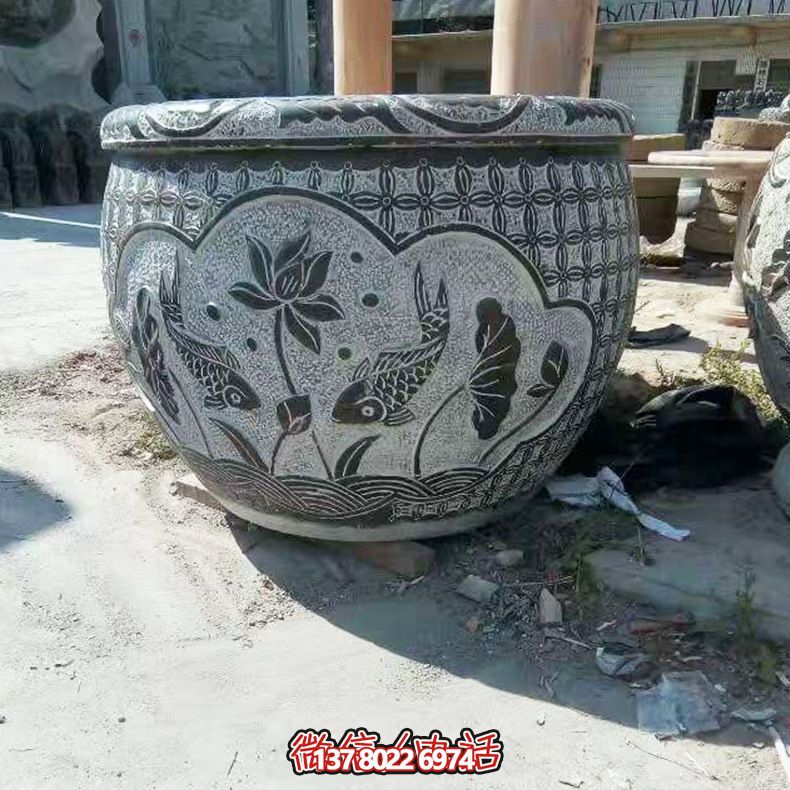 青石雙魚(yú)蓮花雕塑，養(yǎng)花缸精美裝飾