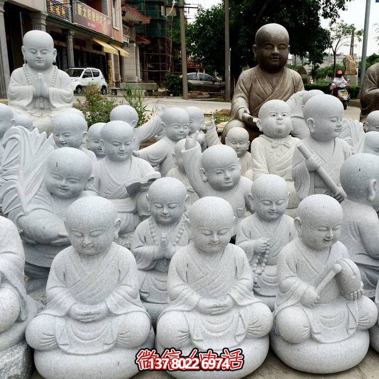 天然砂巖雕刻小沙彌擺件，美麗景致精美寺院家居裝飾