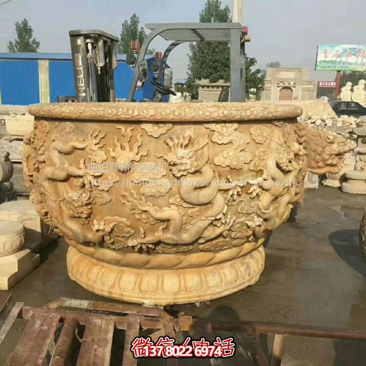 石雕花盆漢白玉九龍壁庭院戶(hù)外老石槽流水魚(yú)缸仿古養(yǎng)魚(yú)池龍缸雕塑