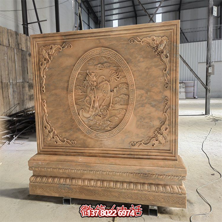 晚霞紅浮雕麒麟鎮(zhèn)宅招財庭院玄關(guān)擺放背景墻