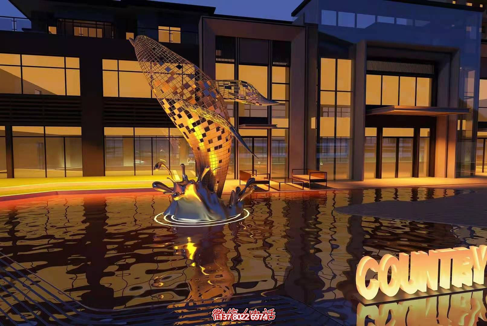 戶外噴泉中的大型創(chuàng)意跳出水面的不銹鋼鏤空鯨魚(yú)雕塑