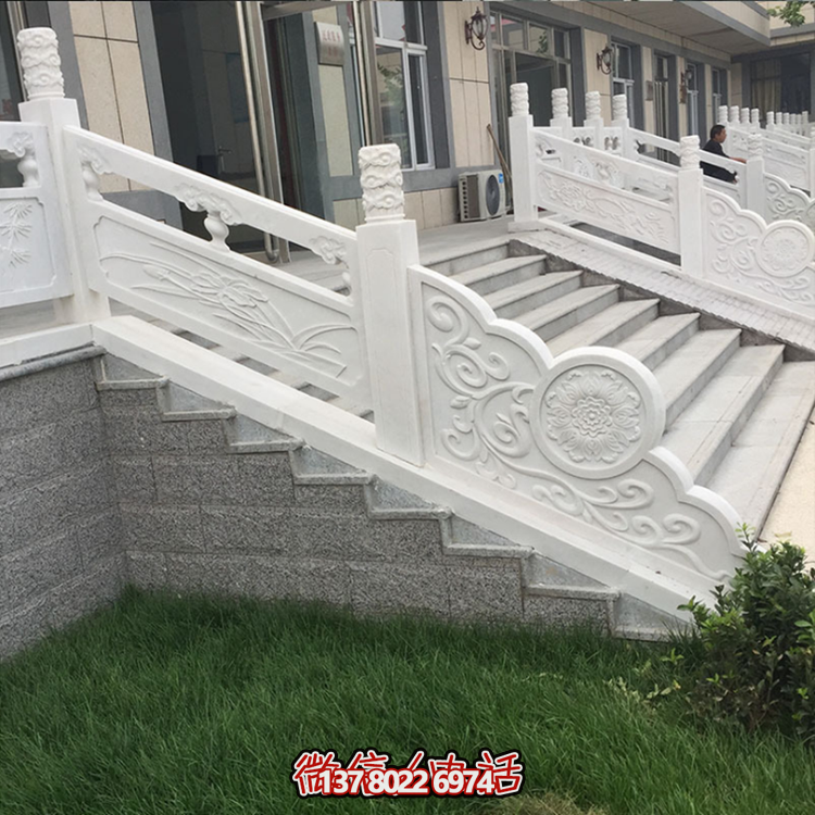 園林樓梯步道漢白玉石欄桿，云柱刻花石雕欄板